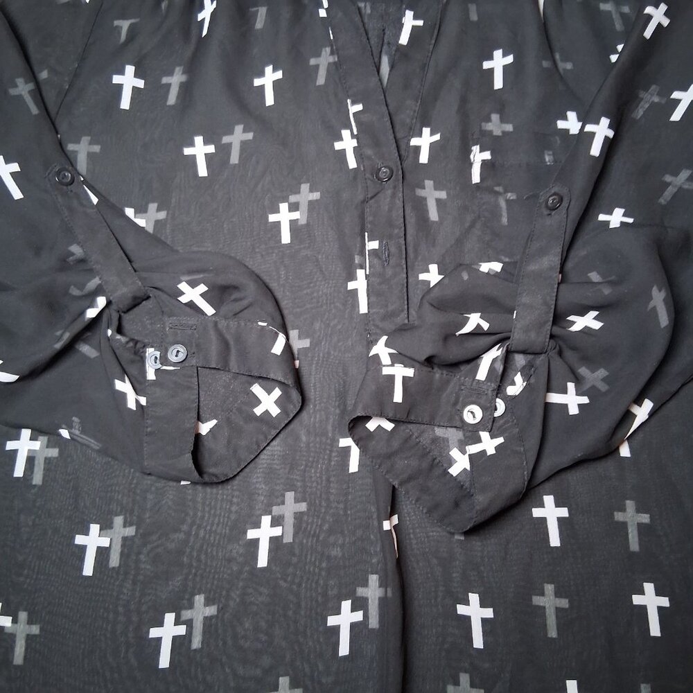 Wet Seal Holy Cross Blouse XL Black Sheer Roll Tab Sleeve Emo Goth Religious - Picture 10 of 14